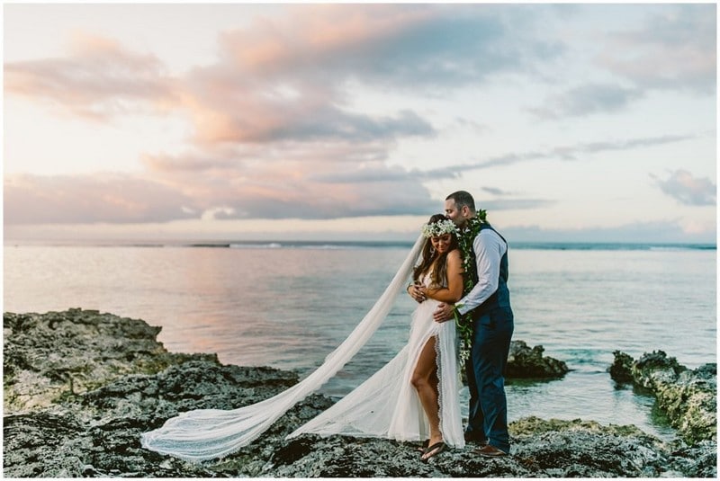 Ocean reef wedding at sunset in Moorea