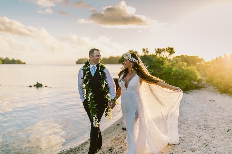 Post ocean reef wedding photo shoot on the beach at sunset in Moorea